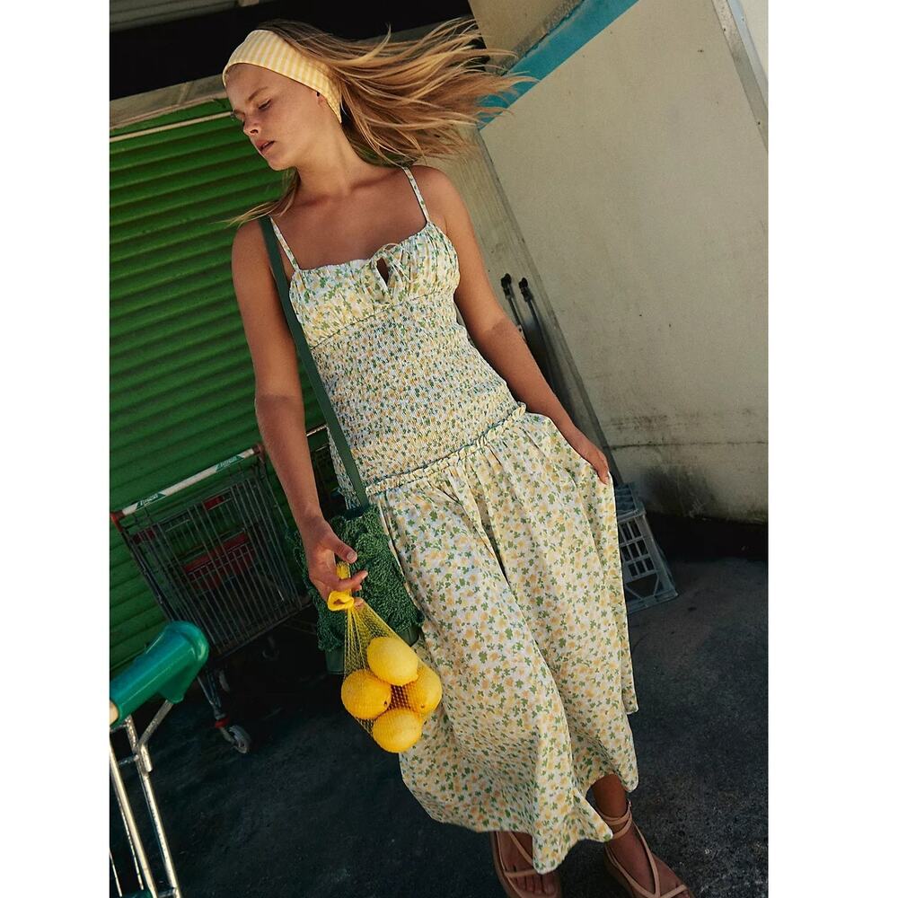 New FREE PEOPLE Lavender Daze Floral Midi Dress $128 MEDIUM Green Smock